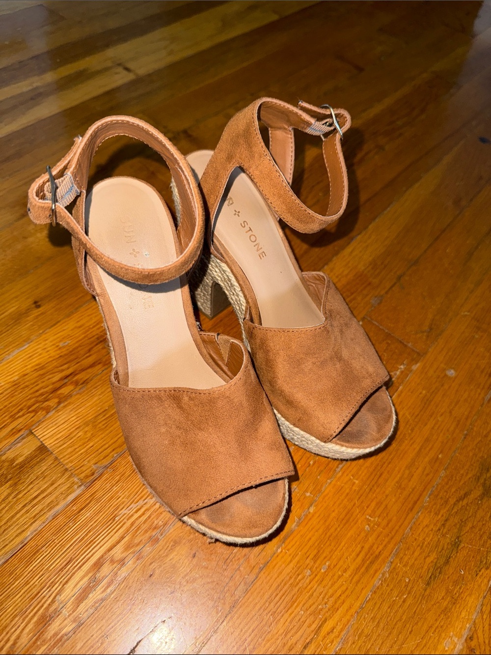 Sun + Stone Tan Suede Espadrille Wedge Sandals